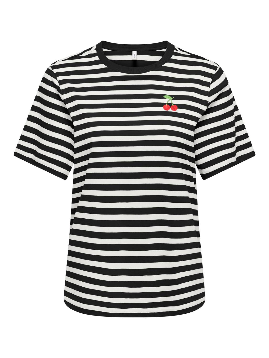 Kanturin um hálsin á t-shirtini við svørtum og hvítum strípum, er hvítur og ikki svartur sum á myndini.