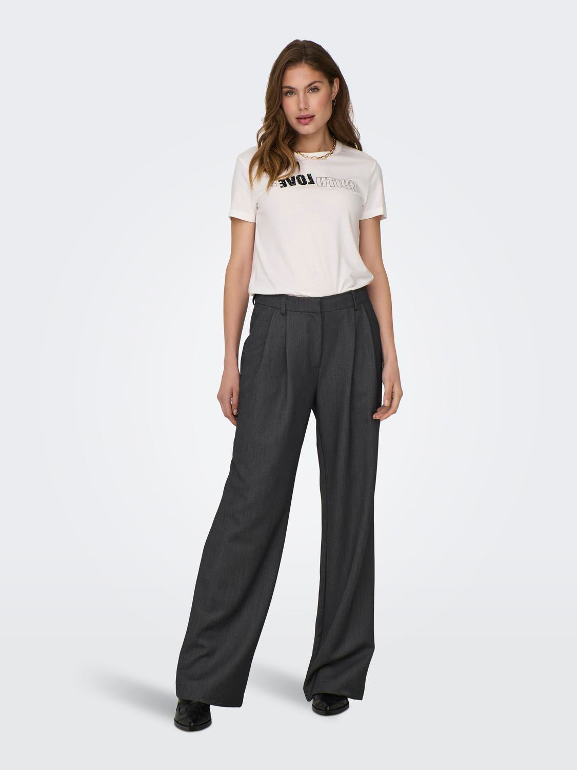 ONLY HATTIE HW PLEAT STR PANT - DARK GREY MELANGE