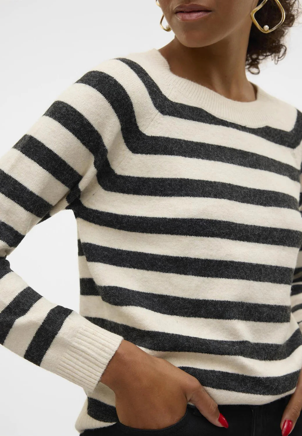 VERO MODA DOFFY LS O-NECK BLOUSE - BIRCH STRIPES/BLACK MELANGE