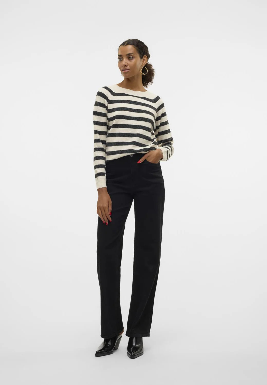 VERO MODA DOFFY LS O-NECK BLOUSE - BIRCH STRIPES/BLACK MELANGE