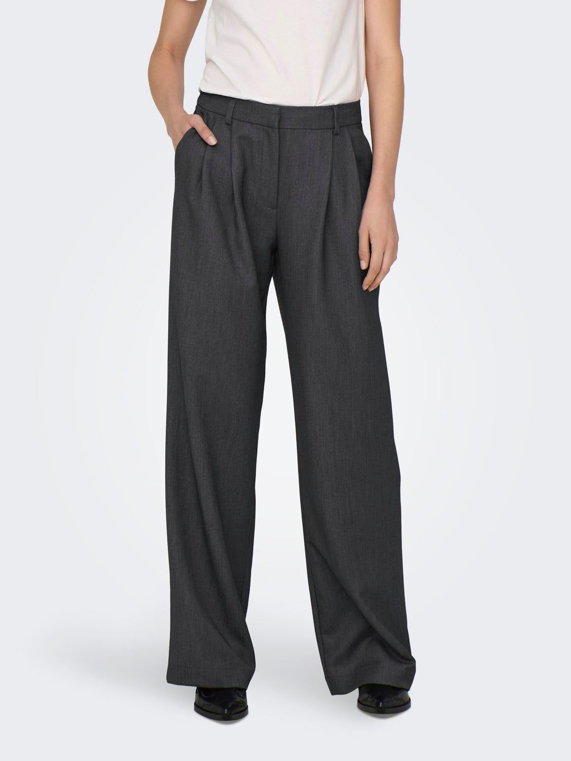 ONLY HATTIE HW PLEAT STR PANT - DARK GREY MELANGE