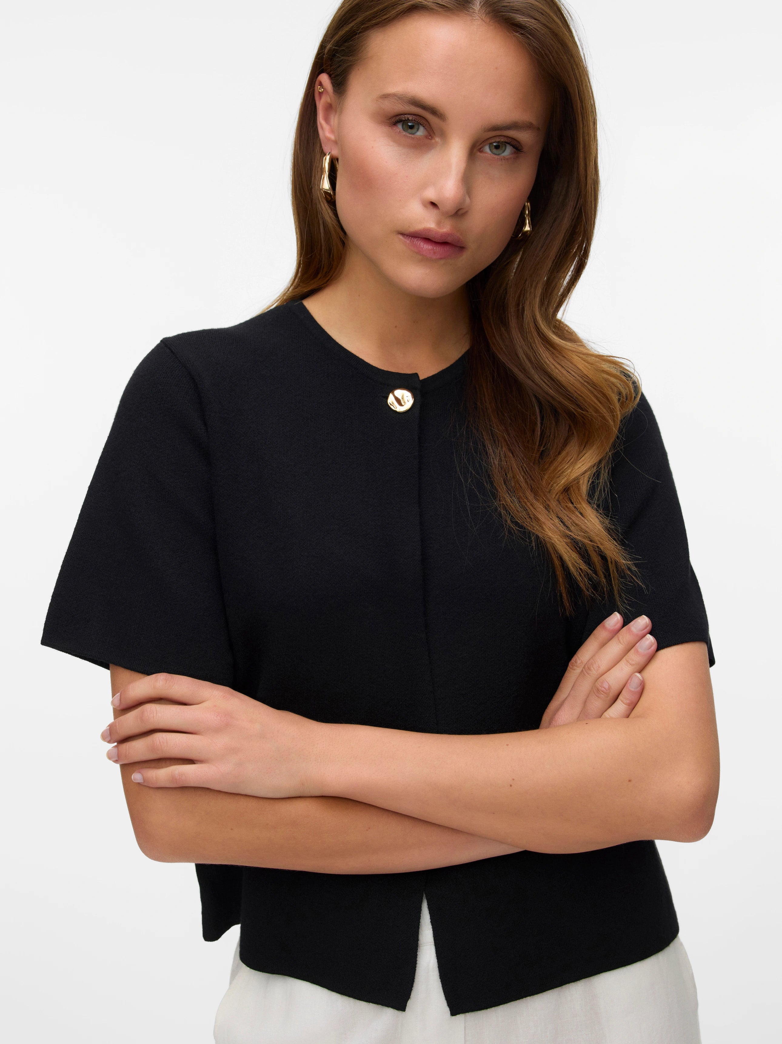 VERO MODA GOLD SS O-NECK ONE BUTTON CARDIGAN