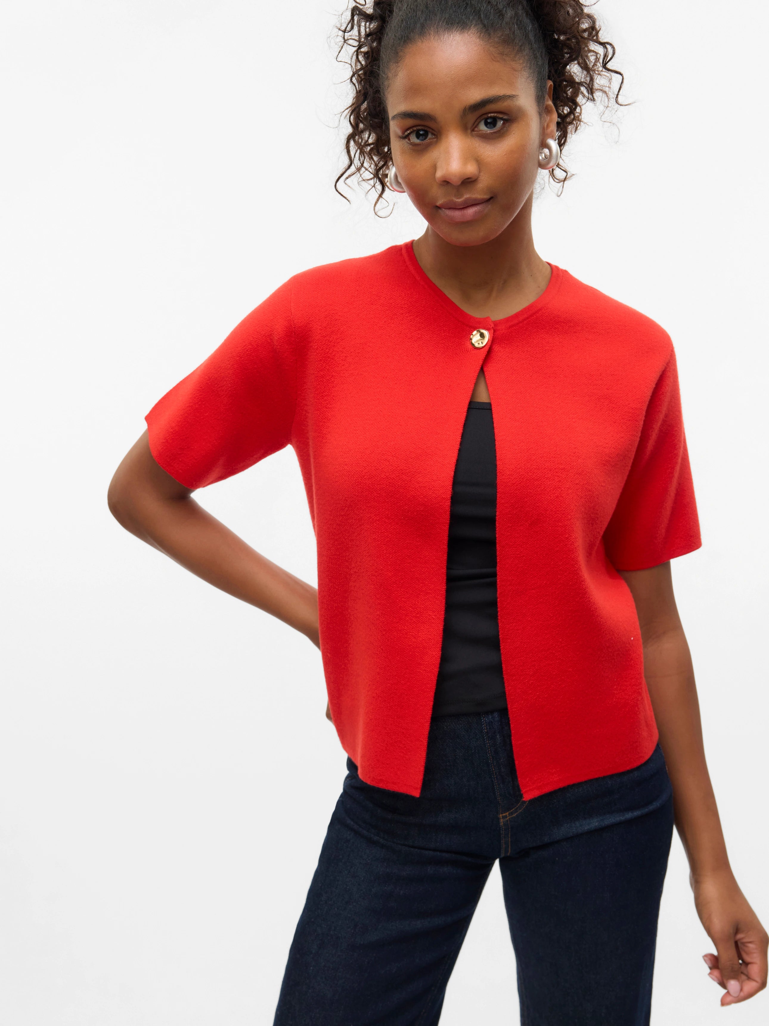 VERO MODA GOLD SS O-NECK ONE BUTTON CARDIGAN