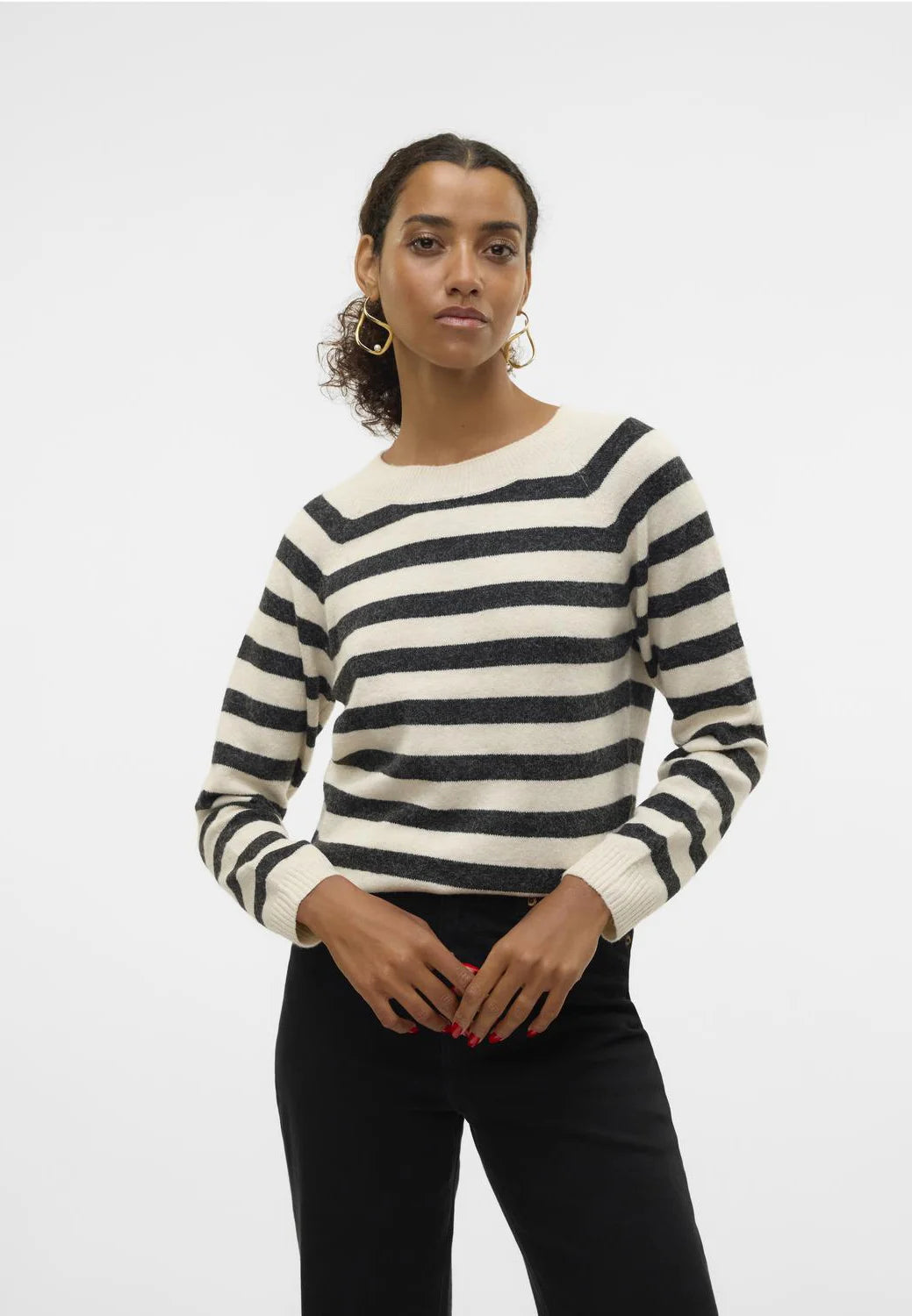 VERO MODA DOFFY LS O-NECK BLOUSE - BIRCH STRIPES/BLACK MELANGE