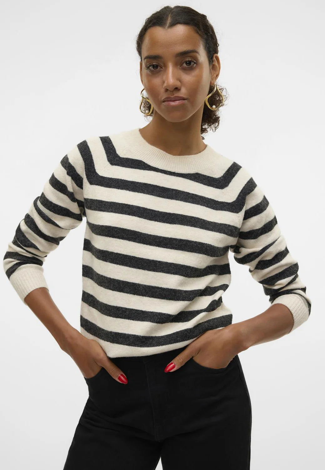 VERO MODA DOFFY LS O-NECK BLOUSE - BIRCH STRIPES/BLACK MELANGE