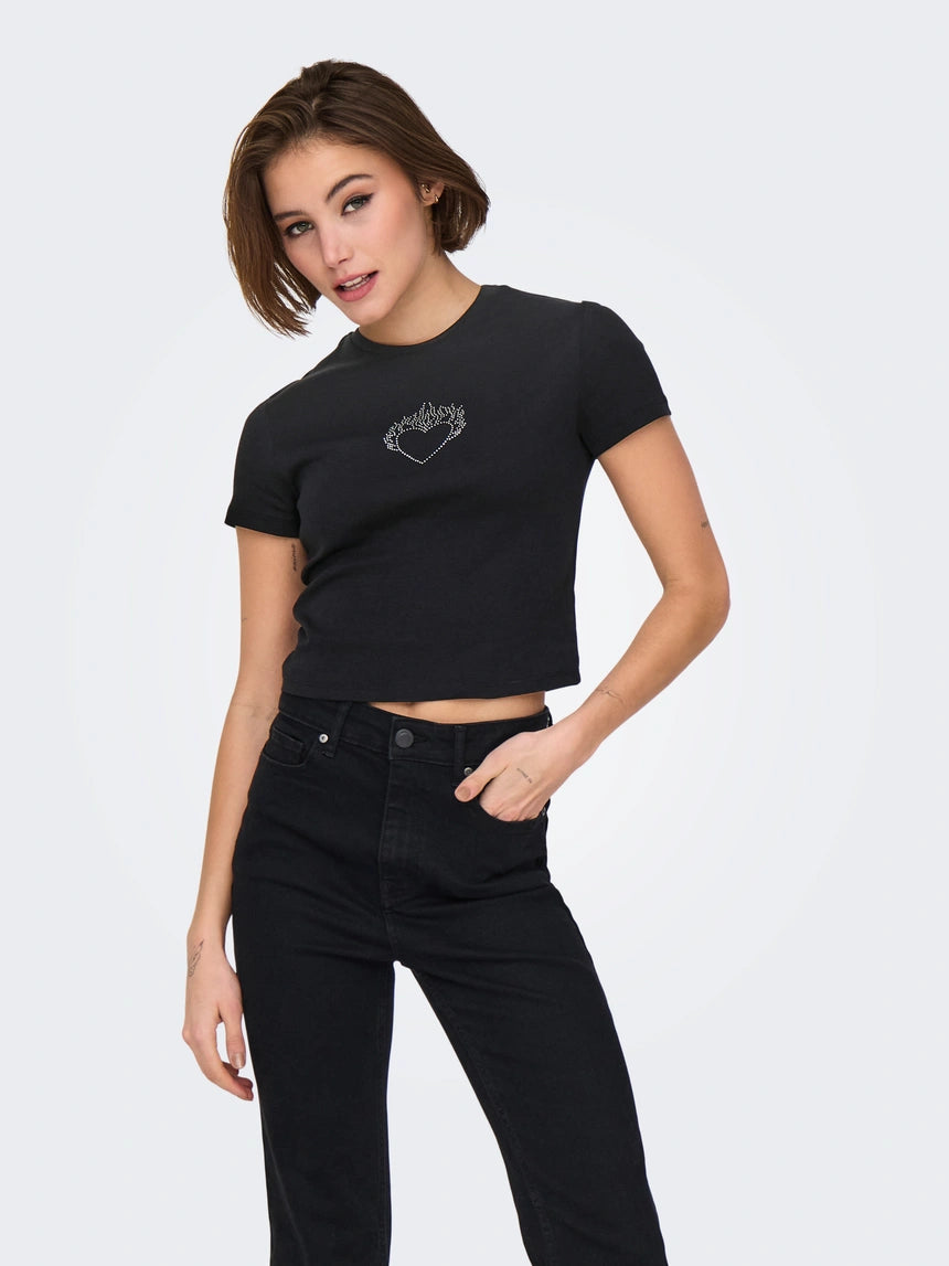 ONLY KIRA S/S BLING O-NECK SHORT TOP
