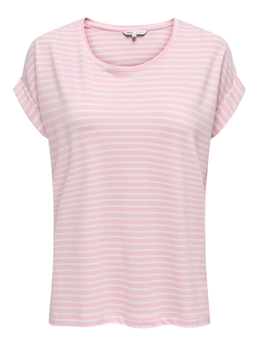 ONLY MOSTER STRIPE S/S O-NECK TOP - PINK LADY/CLOUD DANCER