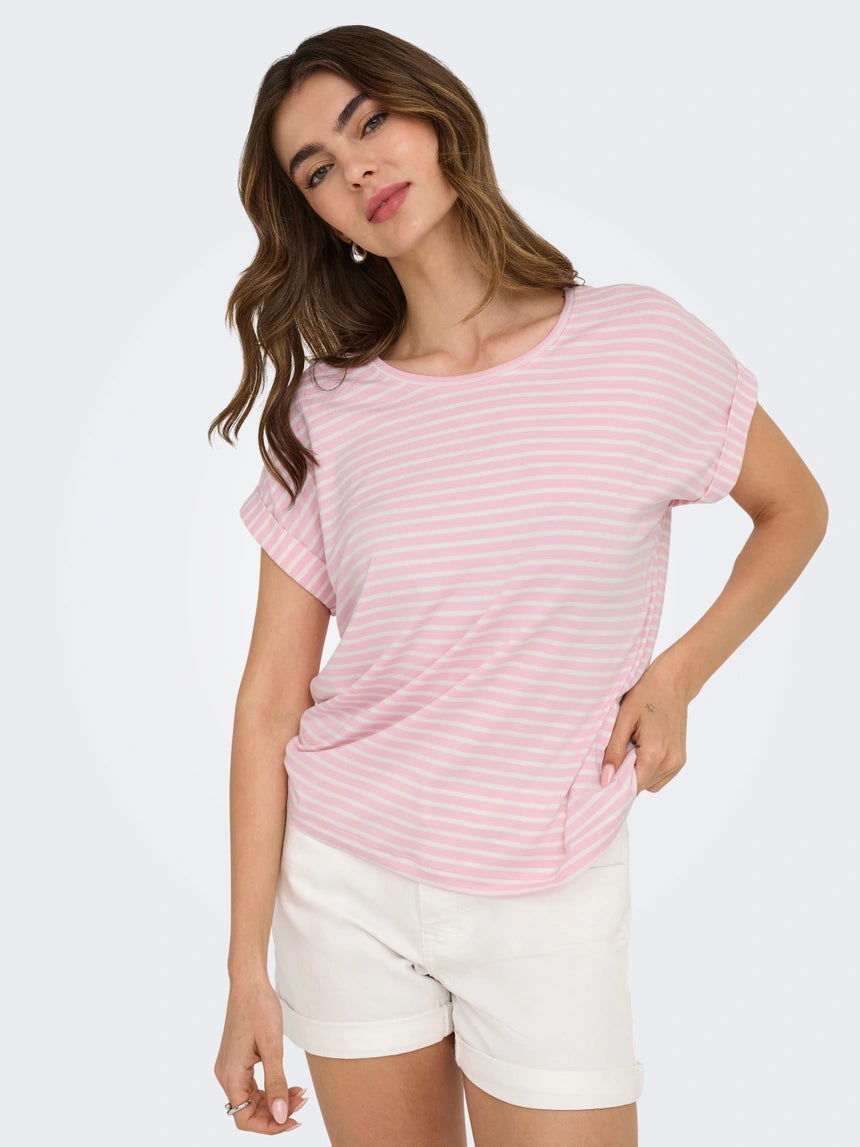 ONLY MOSTER STRIPE S/S O-NECK TOP - PINK LADY/CLOUD DANCER