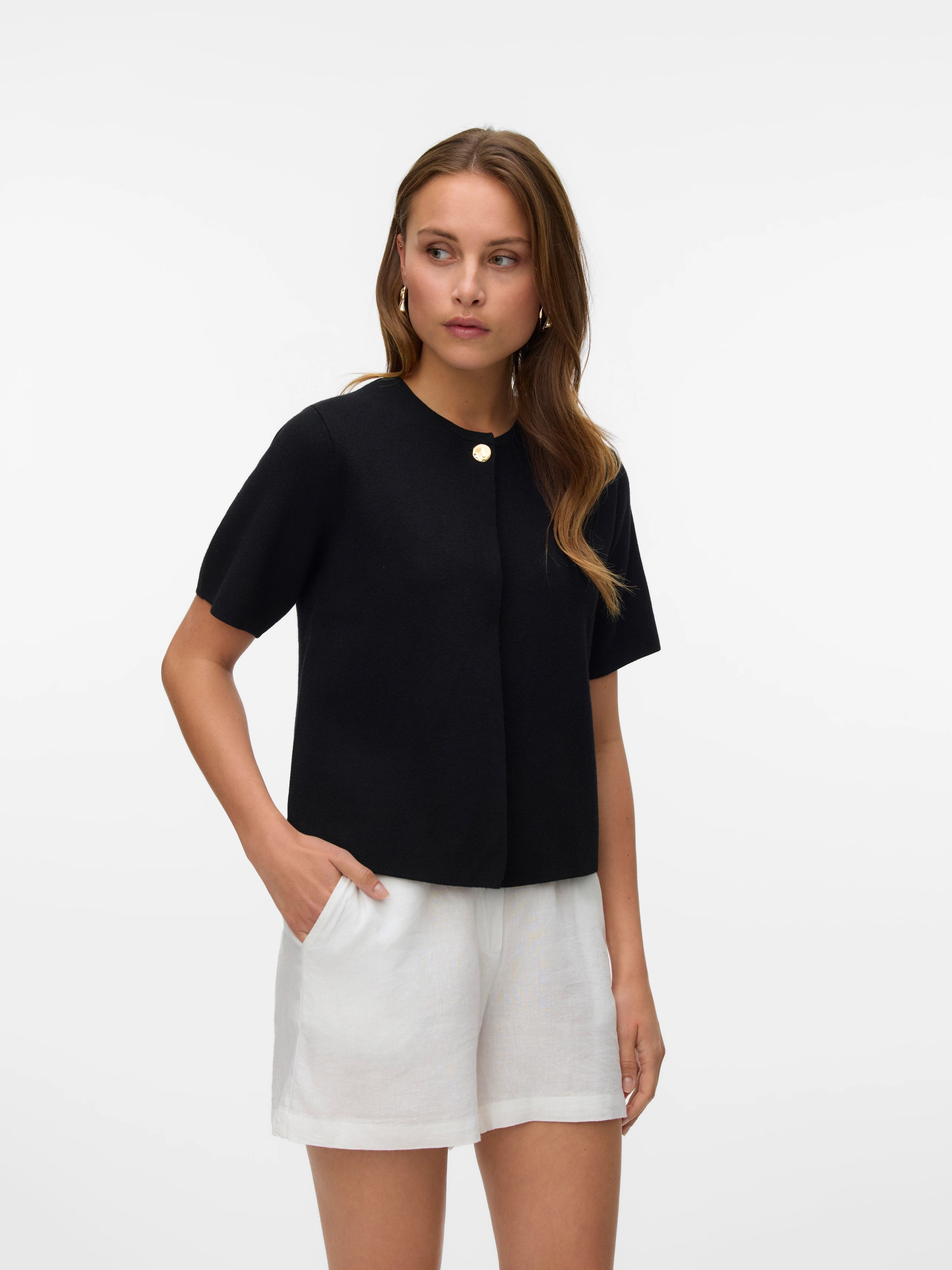 VERO MODA GOLD SS O-NECK ONE BUTTON CARDIGAN