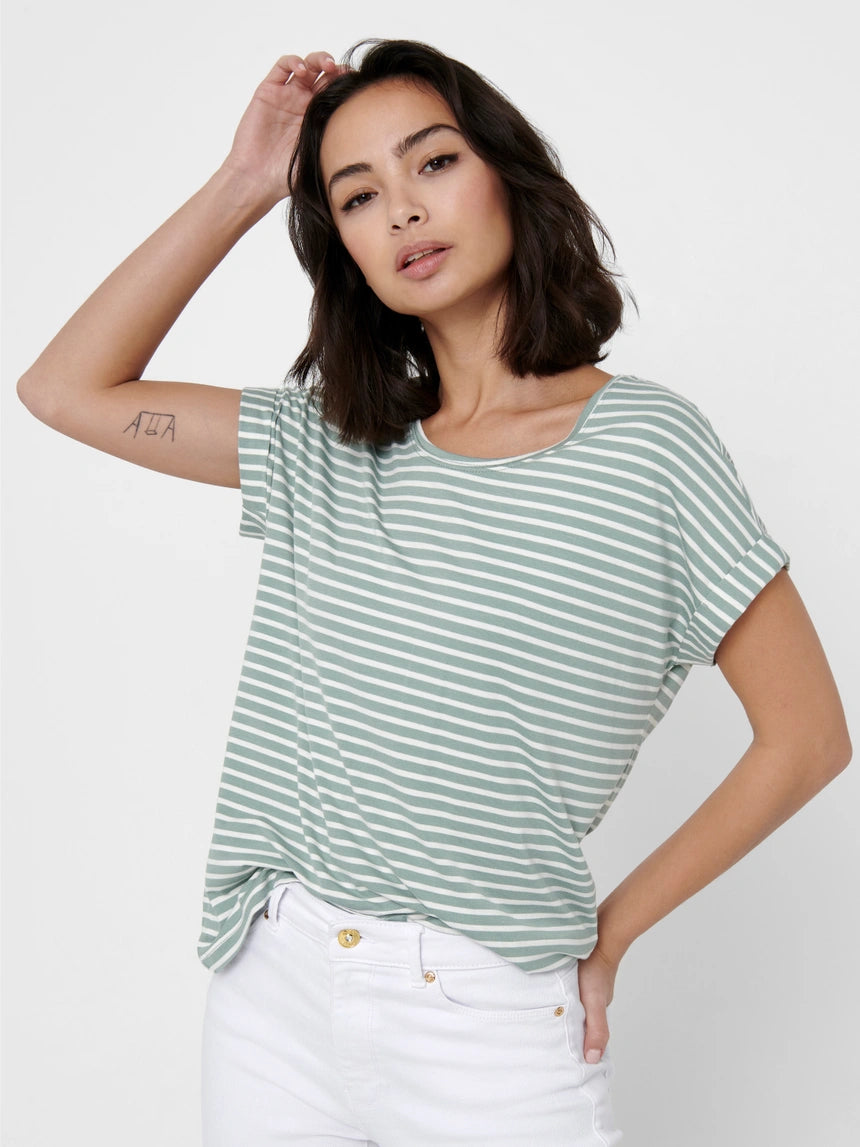 ONLY MOSTER STRIPE S/S O-NECK TOP - JADEITE/CLOUD DANCER