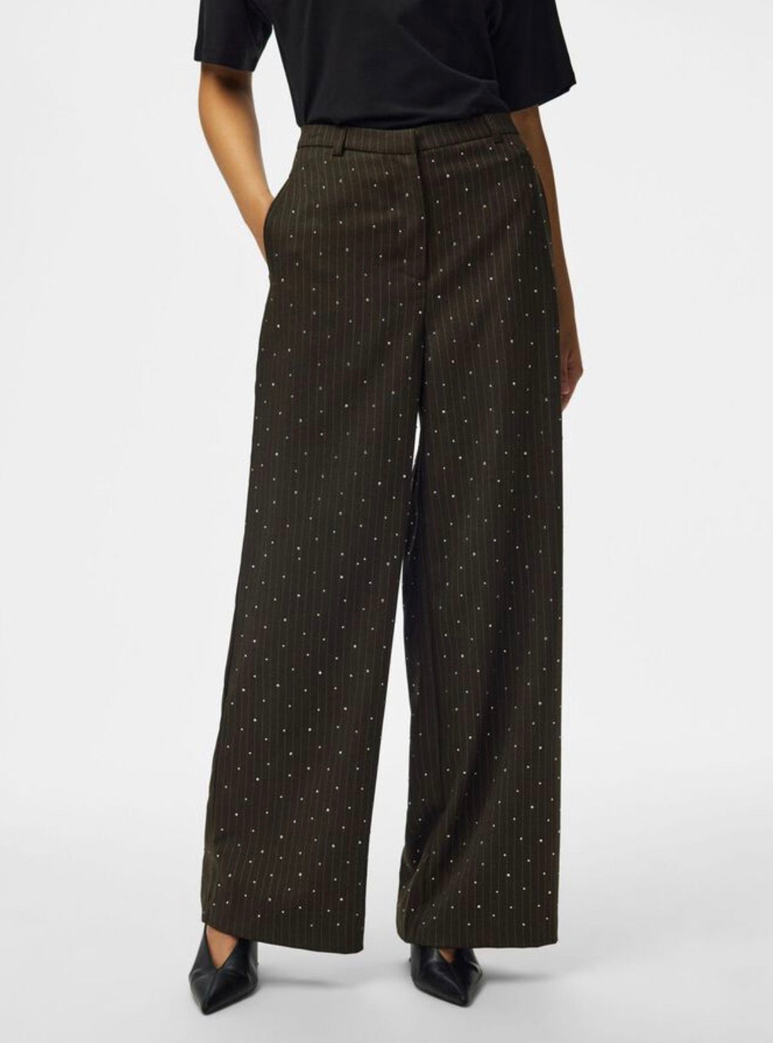 PIECES FALKA PINSTRIPE HW PANTS W. RHINESTONE